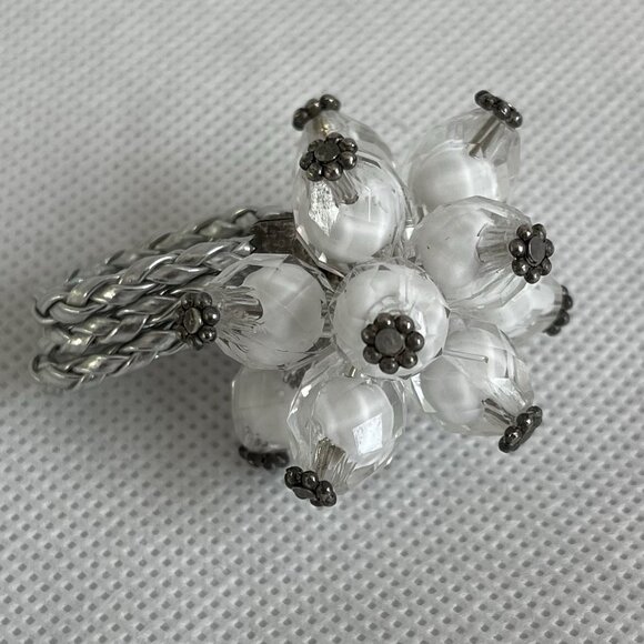 Silver White Beaded Flower Ring Adjustable One Size Fits Any Jewelry - Picture 4 of 4